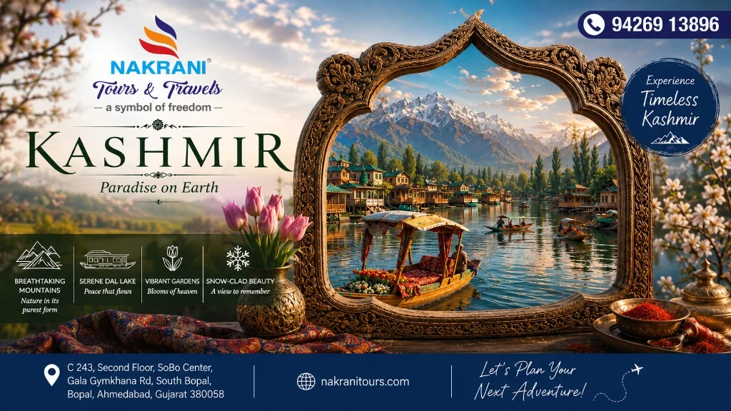 Kashmir customized package planning by the best travel agency in Ahmedabad featuring Dal Lake Shikara, Gulmarg snow peaks, and Pahalgam valleys