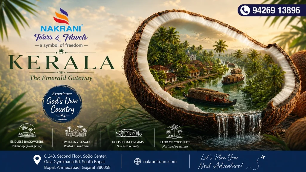 Kerala customized package planning by the best travel agency in Ahmedabad featuring Alleppey backwaters houseboat, Munnar tea hills, and Wayanad rainforests