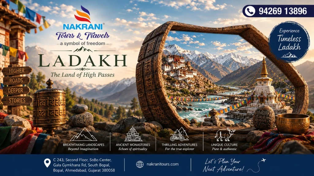 Ladakh customized package planning by the best travel agency in Ahmedabad featuring Pangong Tso lake, Nubra Valley sand dunes, and ancient monasteries