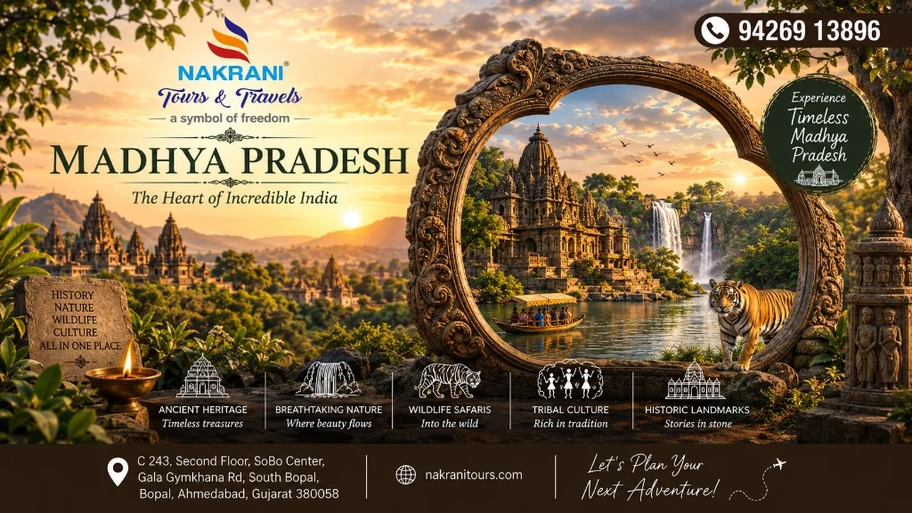 Madhya Pradesh customized package planning by the best travel agency in Ahmedabad featuring Khajuraho temples, Bandhavgarh tiger safaris, and Bhedaghat marble rocks