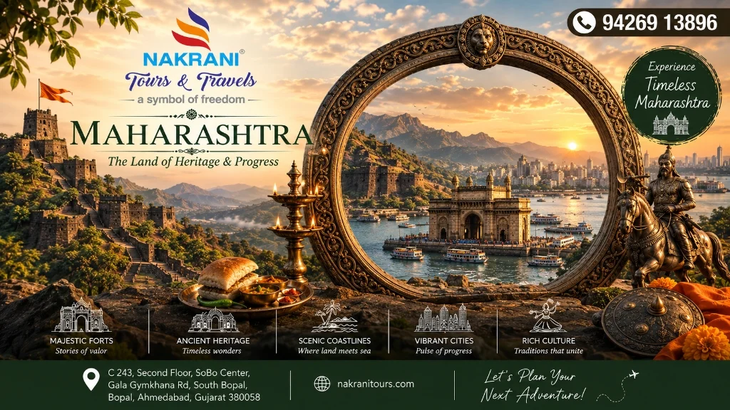Maharashtra customized package planning by the best travel agency in Ahmedabad featuring Gateway of India, Western Ghats hill forts, and Mahabaleshwar strawberry valleys