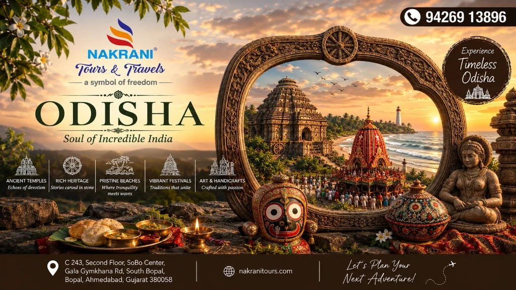 Odisha customized package planning by the best travel agency in Ahmedabad featuring Puri Jagannath Temple, Konark Sun Temple chariot wheel, and Chilika Lake dolphin sanctuary