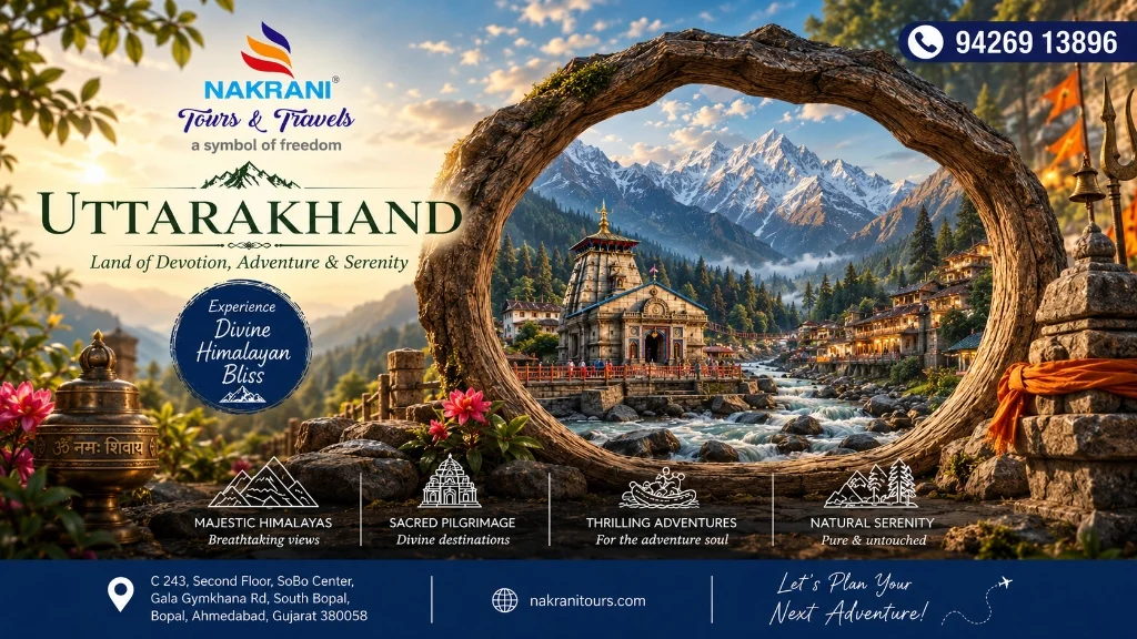 Uttarakhand customized package planning by the best travel agency in Ahmedabad featuring Kedarnath Temple, Rishikesh Ganga Aarti, and Himalayan mountain vistas