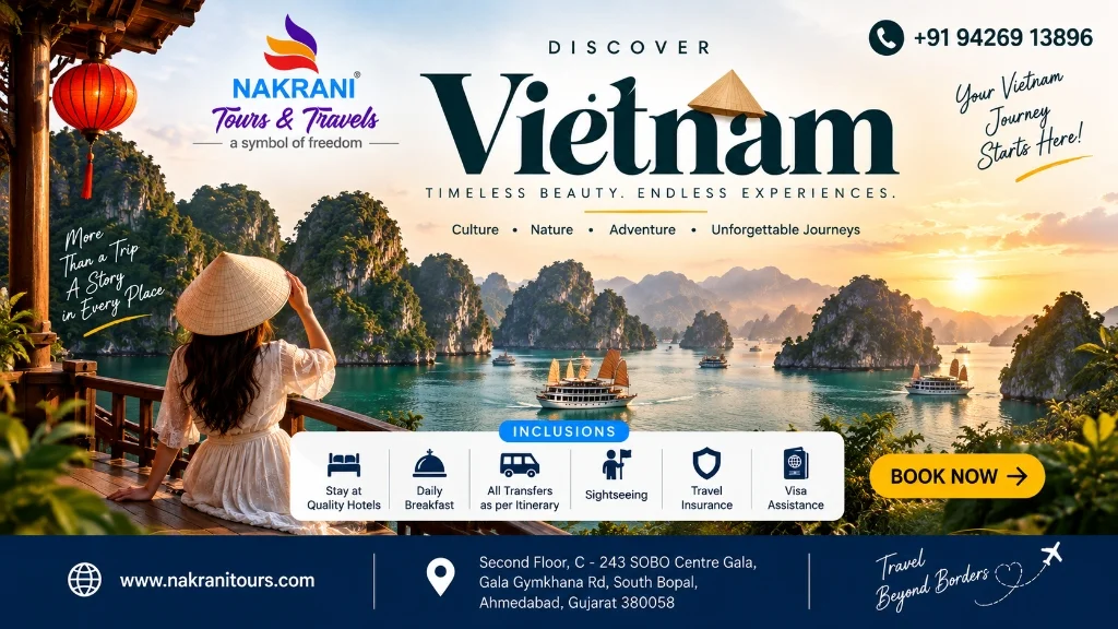 Vietnam customized package and Vietnam tour plan by the best travel agency in Ahmedabad featuring Ha Long Bay, limestone karsts, and luxury junk boat
