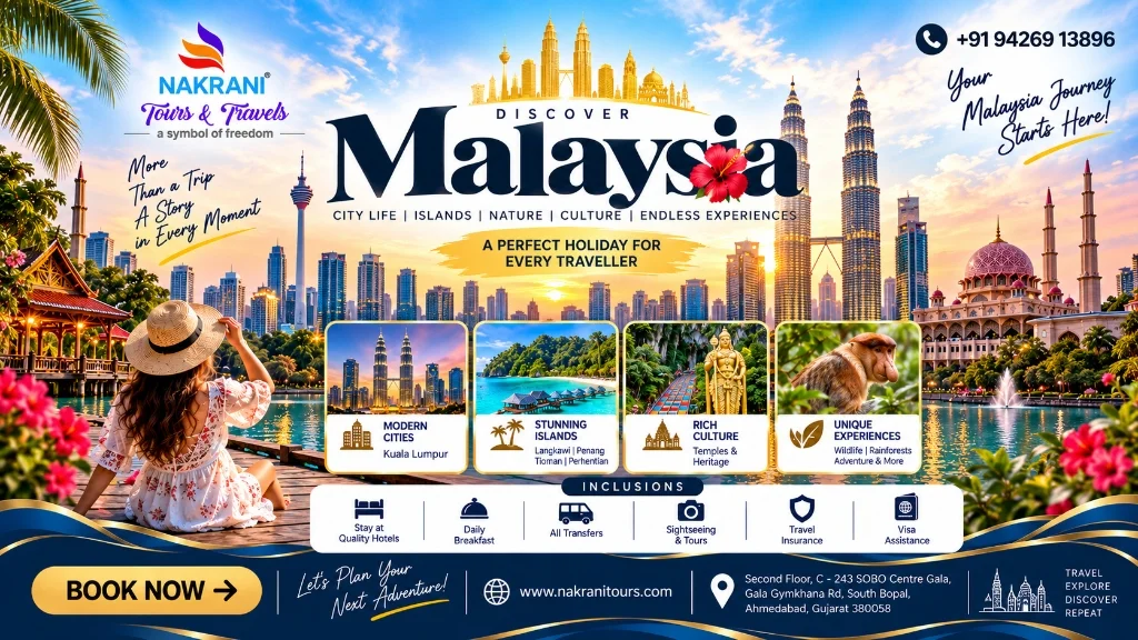 Malaysia travel guide featuring Kuala Lumpur skyline, Petronas Twin Towers and tropical island scenery